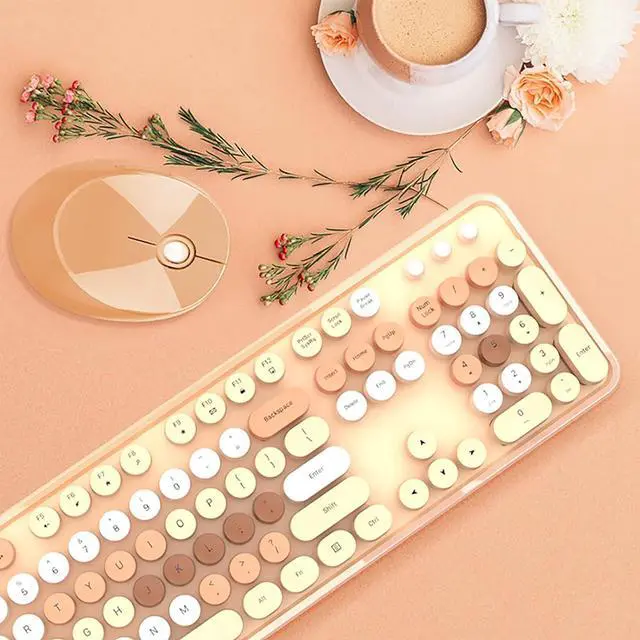 Alt view image 5 of 6 - 2.4G Full-Size Wireless Keyboard and Mouse Combo, Multi-Color Typewriter Style Round Keycap, Cute Candy Colors, Compatible with Notebook, PC (104 Keys,Milk Tea)