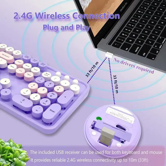 Alt view image 2 of 7 - Seaciyan Wireless Keyboard and Mouse Combo, Ergonomic Cute Retro Typewriter Full Size Colorful USB Cordless Keyboard Mouse Set for Gaming and Office (Purple)