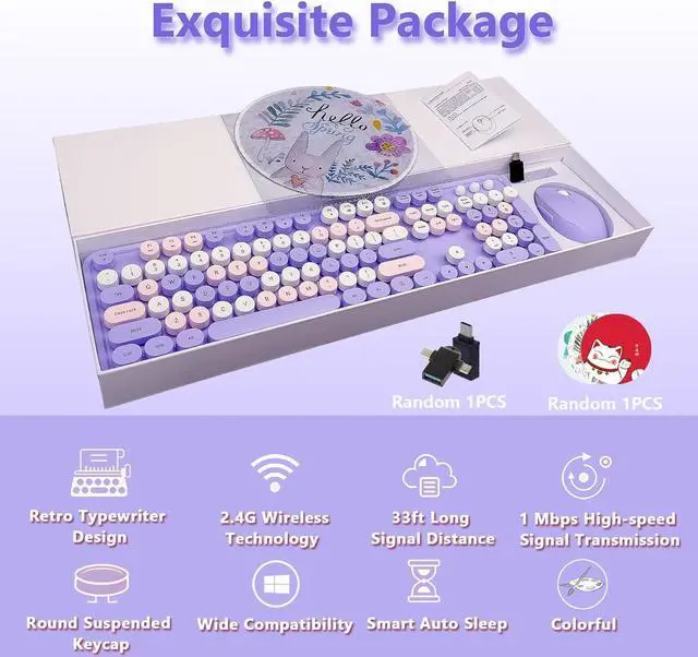 Alt view image 3 of 7 - Seaciyan Wireless Keyboard and Mouse Combo, Ergonomic Cute Retro Typewriter Full Size Colorful USB Cordless Keyboard Mouse Set for Gaming and Office (Purple)