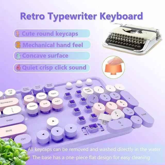 Alt view image 4 of 7 - Seaciyan Wireless Keyboard and Mouse Combo, Ergonomic Cute Retro Typewriter Full Size Colorful USB Cordless Keyboard Mouse Set for Gaming and Office (Purple)