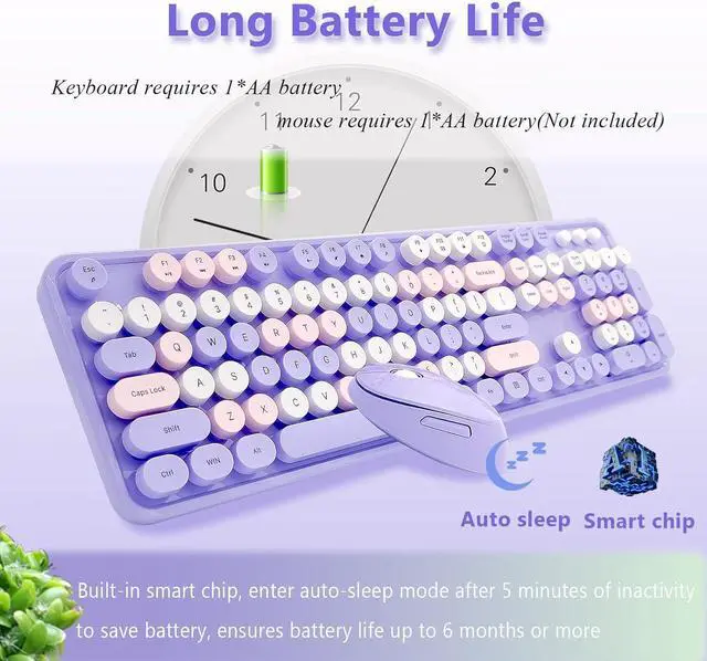 Alt view image 6 of 7 - Seaciyan Wireless Keyboard and Mouse Combo, Ergonomic Cute Retro Typewriter Full Size Colorful USB Cordless Keyboard Mouse Set for Gaming and Office (Purple)