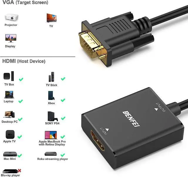 Alt view image 4 of 7 - HDMI to VGA HDMI to VGA Adapter (Female to Male) with 3.5mm Audio Jack Compatible for TV Stick Computer Desktop Laptop PC Monitor Projector Raspberry Pi Roku Xbox and More - Black