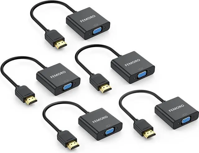 Main image of HDMI to VGA Adapter Converter 5-Pack (Male to Female) for Computer Desktop Laptop PC Monitor Projector HDTV Chromebook Raspberry Pi Roku Xbox and More - Black