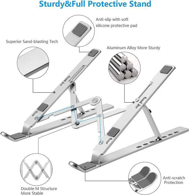 Alt view image 4 of 7 - Laptop Stand for Desk Ergonomic Design Adjustable Aluminum Foldable Portable Computer Stand Compatible with MacBook Air Pro HP   More 10-15.6Inch and Tablets (Silver)