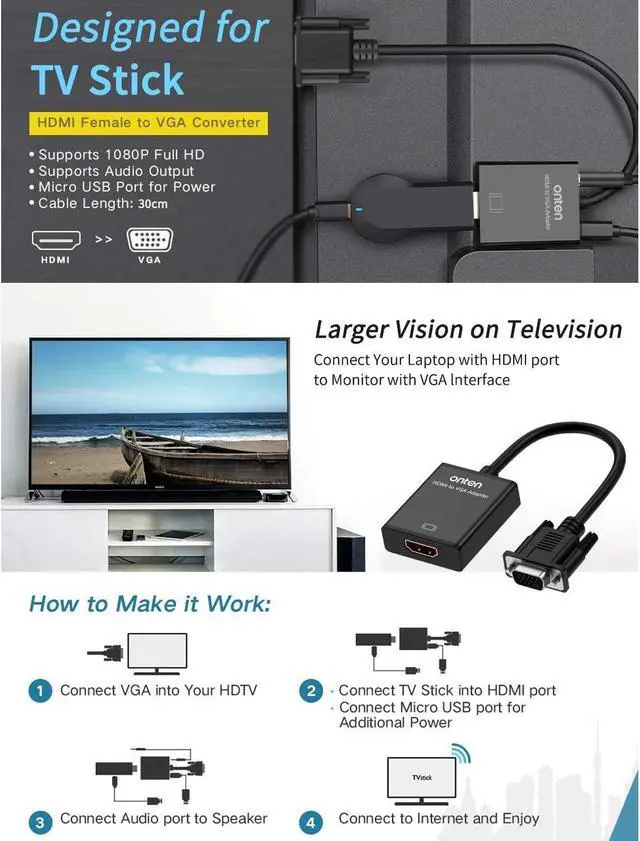 Alt view image 5 of 7 - ONTEN HDMI to VGA Adapter HDMI Female to VGA Male Converter with 3.5mm Audio Jack for TV Stick, Raspberry Pi, Laptop, Monitor, PC, Tablet, Digital Camera, Etc