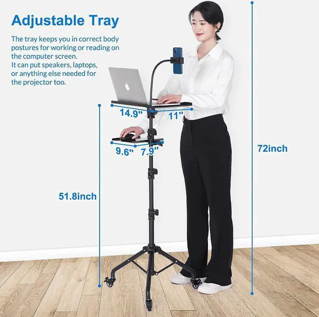 Alt view image 2 of 7 - Laptop Tripod on Wheels with 2 Shelves, Portable Projector Floor Stand Adjustable Height 25.9 to 51.8 Inch with Phone Holder