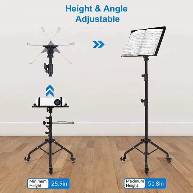 Alt view image 3 of 7 - Laptop Tripod on Wheels with 2 Shelves, Portable Projector Floor Stand Adjustable Height 25.9 to 51.8 Inch with Phone Holder