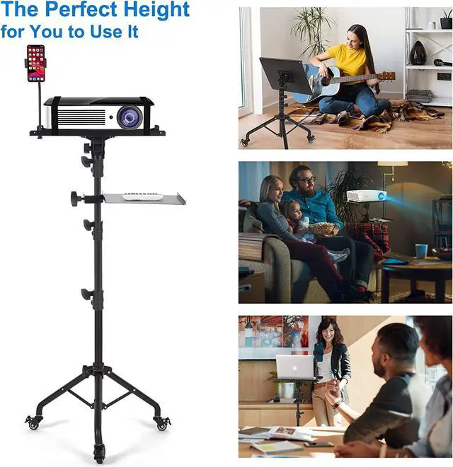 Alt view image 5 of 7 - Laptop Tripod on Wheels with 2 Shelves, Portable Projector Floor Stand Adjustable Height 25.9 to 51.8 Inch with Phone Holder