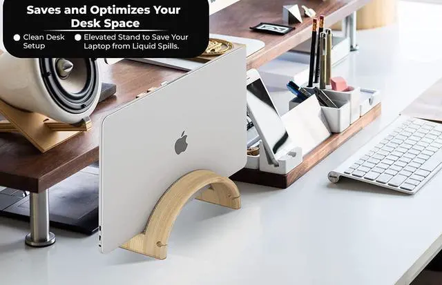 Alt view image 3 of 6 - Kothar Wood Vertical Laptop Stand for Desk, Natural Bamboo, Space-Saving Desktop Dock for Apple MacBook, Microsoft Surface, iPad, Tablets and More