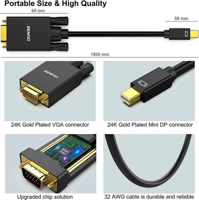 Alt view image 6 of 7 - Mini DisplayPort to VGA 6 Feet Cable Mini DisplayPort to VGA Cable (Thunderbolt 2 Compatible) with MacBook Air/Pro Surface Pro/Dock Monitor Projector