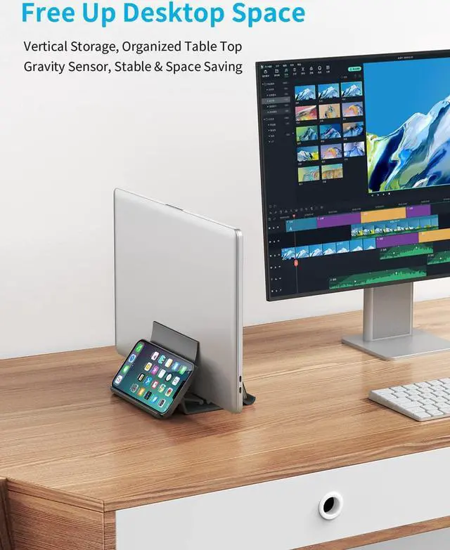 Alt view image 6 of 7 - MOMAX Wireless Charger Stand, Transparent Wireless Magnetic Charger with Magnetic Base, Vertical Laptop Stand Holder, Gravity Auto Locking Holder Storage Dock, Space Saving for Desk Organizer