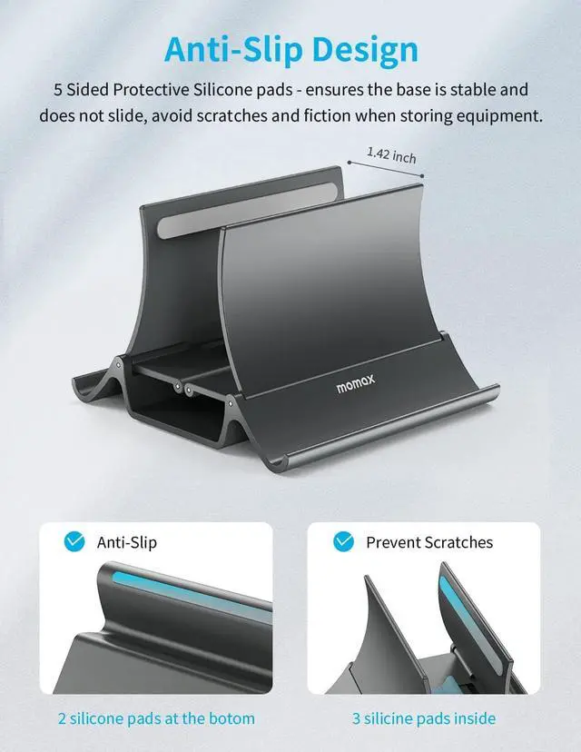 Alt view image 4 of 7 - MOMAX Vertical Laptop Stand Holder, Gravity Auto Locking Holder Storage Dock, Space Saving for Desk Organizer, Cell Phone Stand, Multiple USB Charging Station, 100 W GaN 6 Port USB C Charger Hub