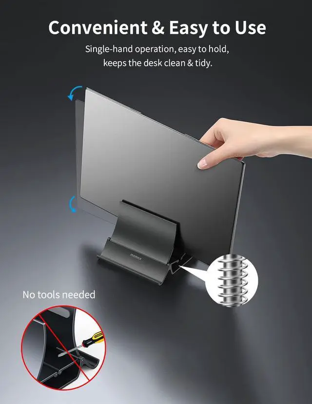 Alt view image 7 of 7 - MOMAX Vertical Laptop Stand Holder, Gravity Auto Locking Holder Storage Dock, Space Saving for Desk Organizer, Fits All MacBook, iPad, Surface, Dell, Chromebook, Gaming Laptops (Up to 17.3 inches)