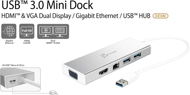Alt view image 2 of 7 - j5create USB A Hub with HDMI, VGA, Ethernet + USB C to USB Type-A Adapter (JUD380 + JUCX15X2)