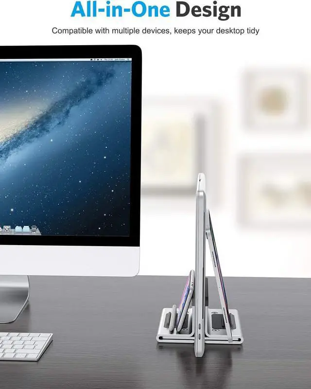 Alt view image 2 of 7 - OMOTON Upgraded Laptop Vertical Stand, 3-in-1 Laptop Holder Dock with Sturdy Silicone Pads for Ultra Protection, Suitable for iPhone/iPad/MacBook Pro/Surface/Samsung/Android Tablets, Silver