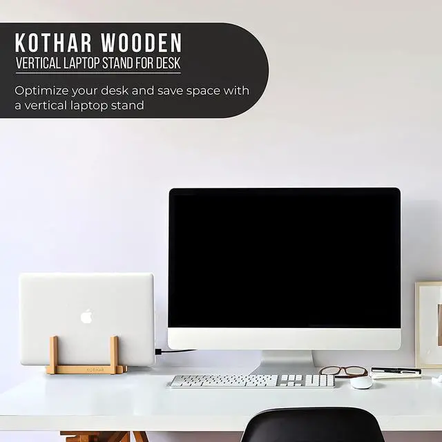 Alt view image 3 of 7 - Kothar Wooden Vertical Laptop Stand for Desk, Vertical Laptop Holder, Bamboo, Desktop Dock for Apple MacBook, Microsoft Surface, iPad, Tablets and More