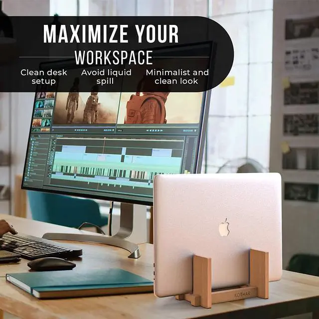 Alt view image 5 of 7 - Kothar Wooden Vertical Laptop Stand for Desk, Vertical Laptop Holder, Bamboo, Desktop Dock for Apple MacBook, Microsoft Surface, iPad, Tablets and More