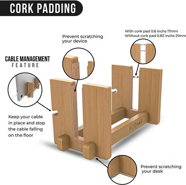 Alt view image 7 of 7 - Kothar Wooden Vertical Laptop Stand for Desk, Vertical Laptop Holder, Bamboo, Desktop Dock for Apple MacBook, Microsoft Surface, iPad, Tablets and More