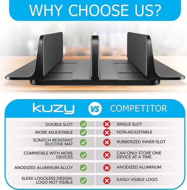Alt view image 5 of 7 - Kuzy Vertical Laptop Stand for Desk, MacBook Vertical Stand Aluminum, Laptop Holder Vertical, Laptop Vertical Stand Dual Slots, Vertical Laptop Holder Adjustable Dock for Gaming Laptops, Black
