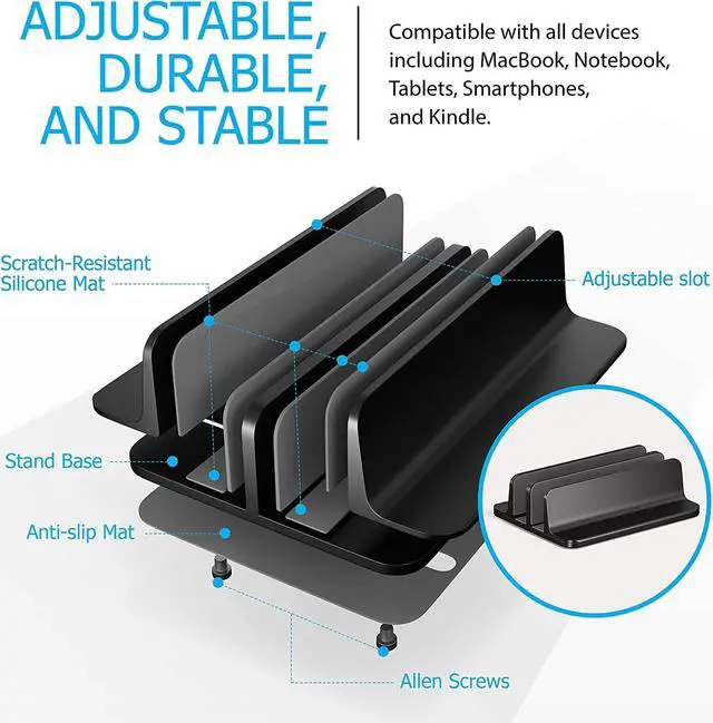 Alt view image 3 of 7 - Kuzy Vertical Laptop Stand for Desk, MacBook Vertical Stand Aluminum, Laptop Holder Vertical, Laptop Vertical Stand Dual Slots, Vertical Laptop Holder Adjustable Dock for Gaming Laptops, Black