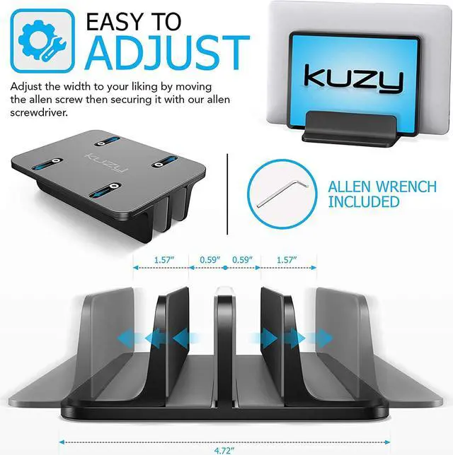Alt view image 4 of 7 - Kuzy Vertical Laptop Stand for Desk, MacBook Vertical Stand Aluminum, Laptop Holder Vertical, Laptop Vertical Stand Dual Slots, Vertical Laptop Holder Adjustable Dock for Gaming Laptops, Black