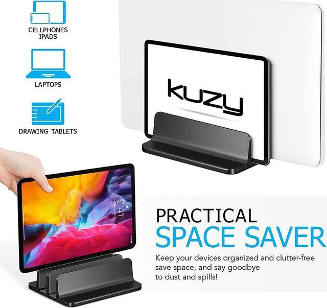 Alt view image 2 of 7 - Kuzy Vertical Laptop Stand for Desk, MacBook Vertical Stand Aluminum, Laptop Holder Vertical, Laptop Vertical Stand Dual Slots, Vertical Laptop Holder Adjustable Dock for Gaming Laptops, Black