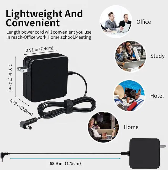 Alt view image 5 of 7 - 65W AC Laptop Charger Adapter Replacement for Asus U56E X555L X551M X53U X550C Q551L Q301L K53E K55A S500C S400C A53E R554L TP500L F555L PA-1700-02 ADP-65DW B ADP-45BW-B Power Supply Cord