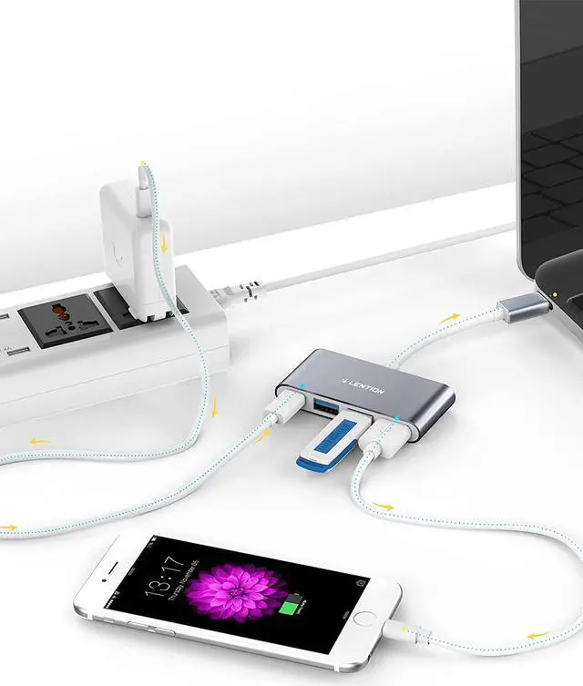 Alt view image 3 of 6 - 4-in-1 USB-C Hub with Type C USB 3.0 USB 2.0 for 2025-2016 MacBook Pro (M1-M5) iPhone 17-15 New Mac Air/Surface ChromeBook More Multiport Charging & Connecting Adapter (C13 Space Gray)