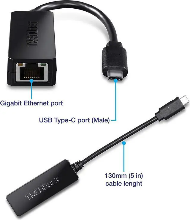 Alt view image 3 of 5 - TRENDnet TUC-ETG, USB Type-C to Gigabit Ethernet LAN Wired Network Adapter for Windows Compatible with Windows 10, Energy Saving, 5 inch length, Black