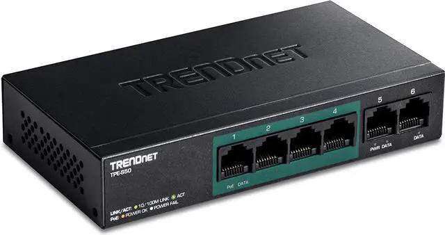 Main image of TRENDnet 6-Port Fast Ethernet PoE+ Switch, TPE-S50, NDAA Compliant, 60W PoE Budget, 1.2 Gbps Switch Capacity, Metal, Black, Lifetime Protection