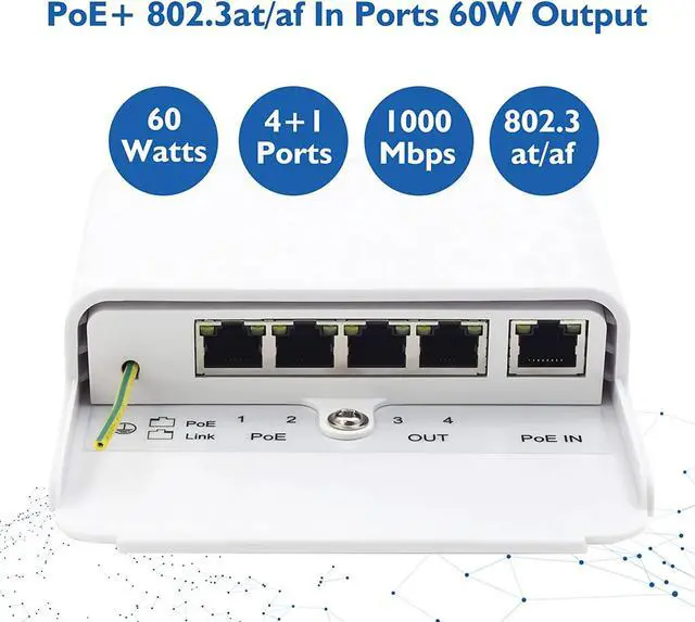 Alt view image 4 of 7 - Gigabit 4-Port PoE Switch/Extender Outdoor IP65 Waterproof PoE Passthrough/PoE Amplifier/PoE Booster,60W 48V 10/100/1000Mbps. IEEE 802.3af/at/bt Compliant,by ThePoEstore
