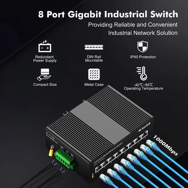 Alt view image 2 of 7 - MokerLink 8 Port Gigabit Industrial DIN-Rail Ethernet Switch, 16Gbps Switching Capacity, IP40 Rated Unmanaged Network Switch (-40 to 185°F), with UL Power Supply
