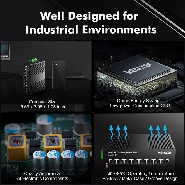 Alt view image 3 of 7 - MokerLink 8 Port Gigabit Industrial DIN-Rail Ethernet Switch, 16Gbps Switching Capacity, IP40 Rated Unmanaged Network Switch (-40 to 185°F), with UL Power Supply
