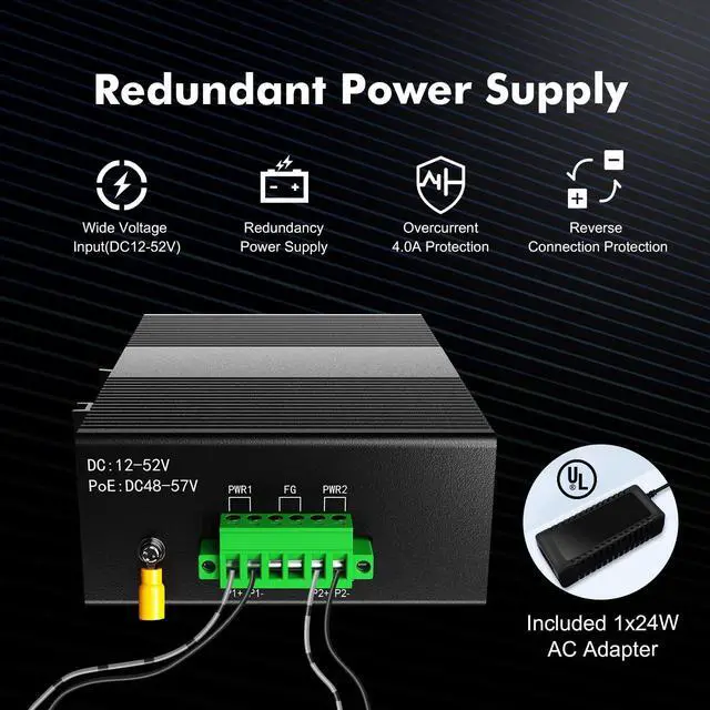 Alt view image 5 of 7 - MokerLink 8 Port Gigabit Industrial DIN-Rail Ethernet Switch, 16Gbps Switching Capacity, IP40 Rated Unmanaged Network Switch (-40 to 185°F), with UL Power Supply