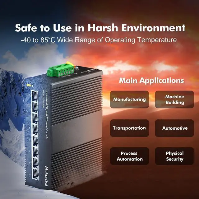 Alt view image 7 of 7 - MokerLink 8 Port Gigabit Industrial DIN-Rail Ethernet Switch, 16Gbps Switching Capacity, IP40 Rated Unmanaged Network Switch (-40 to 185°F), with UL Power Supply