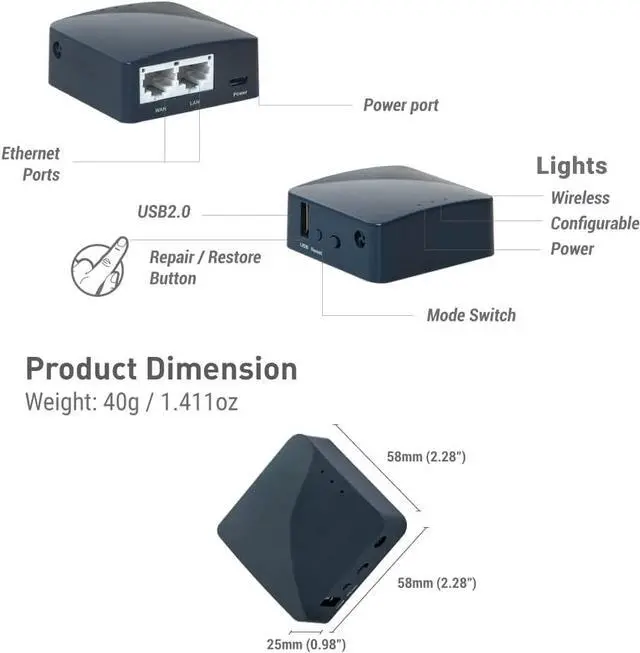 Alt view image 2 of 7 - GL.iNet GL-AR300M16 Portable Mini Travel Wireless Pocket Router - WiFi Router/Access Point/Extender/WDS | OpenWrt | 2 x Ethernet Ports | OpenVPN/Wireguard VPN | USB 2.0 Port