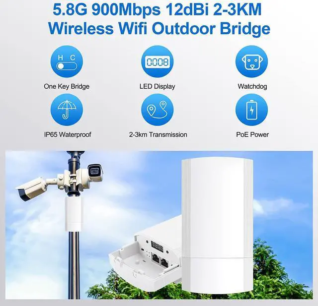 Alt view image 2 of 7 - Wireless Bridge Set 900Mpbs 5.8G WiFi Outdoor CPE Point to Point Long Range up to 2-3KM CPE200 with 12dBi High-Gain Antenna24V PoE Power, IP65 Waterproof,2-Pack, White