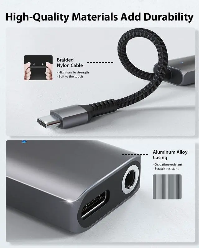 Alt view image 3 of 7 - 2-in-1 USB C to 3.5mm Headphone Charge Adapter AUX Mic Jack with PD Fast Charging High Resolution DAC for Earphones iPhone 16 15 Galaxy S24/S24+/S23/S22/S21 iPad Pro Pixel 9/8/7