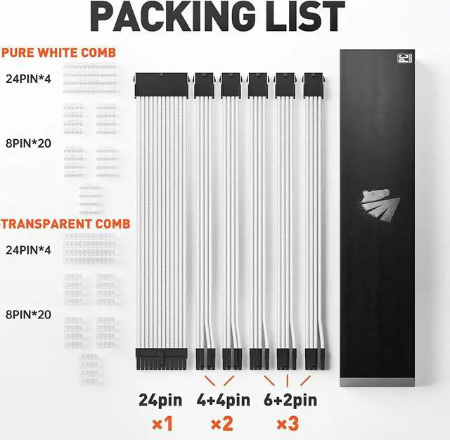 Alt view image 2 of 7 - AsiaHorse 16AWG Pro Power Supply Sleeved Cable, White Power Supply Extension Cable Dual EPS Kit, 1x24-PIN/ 2x8-PORT (4+4) M/B,3x8-PORT (6+2) PCI-E, 30cm Length with 2 Set of Combs