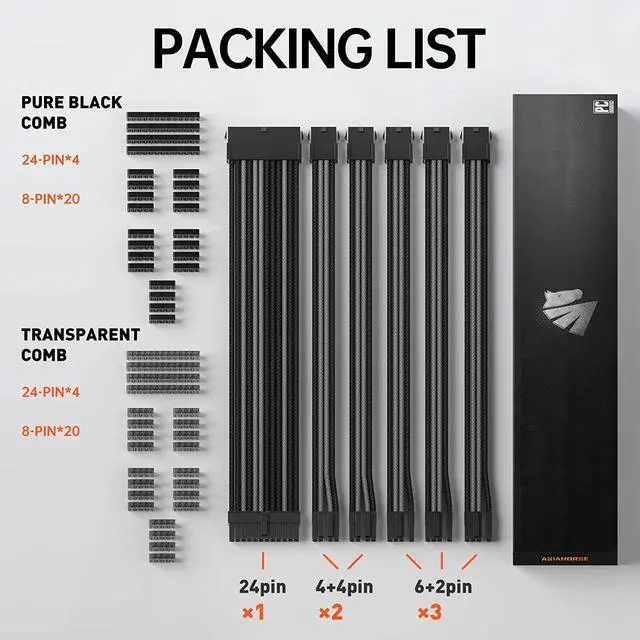 Alt view image 2 of 7 - Asiahorse Power Supply Sleeved Cable for Power Supply Extension Cable Wire Kit 1x24-PIN/ 2x8-PORT (4+4) M/B,3x8-PORT (6+2) PCI-E 30cm Length with Combs(Dual EPS Black-Mix)