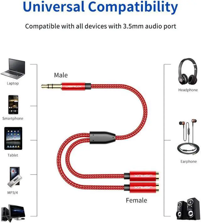 Alt view image 5 of 6 - Headphone Splitter 3.5mm Audio Splitter 2 Female to 1 Male Dual Headphone Adapter Compatible with PS4 PS5 Xbox Nintendo Switch PC Gaming Headsets Phone Tablet Laptop and More-Red