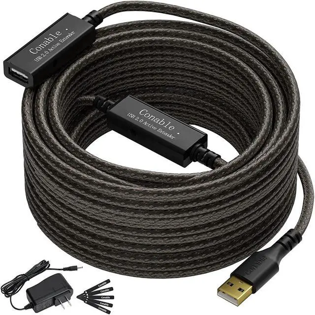 Main image of Active USB Extension Cable 100 Feet, USB 2.0 A Male to Female Repeater Cord, with 2 Extension Chipsets Signal Booster, 22AWG Tinned Pure Copper, (AC Power Supply Included)
