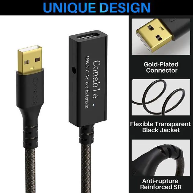 Alt view image 2 of 7 - Active USB Extension Cable 100 Feet, USB 2.0 A Male to Female Repeater Cord, with 2 Extension Chipsets Signal Booster, 22AWG Tinned Pure Copper, (AC Power Supply Included)
