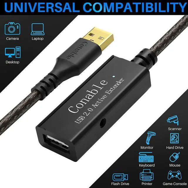 Alt view image 5 of 7 - Active USB Extension Cable 100 Feet, USB 2.0 A Male to Female Repeater Cord, with 2 Extension Chipsets Signal Booster, 22AWG Tinned Pure Copper, (AC Power Supply Included)