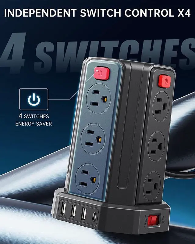 Alt view image 5 of 7 - Power Strip Surge Protector, 10 Ft Extension Cord with 12 AC Multiple Outlets 4 USB (1 USB C), SMALLRT Power Tower Desktop Charging Station