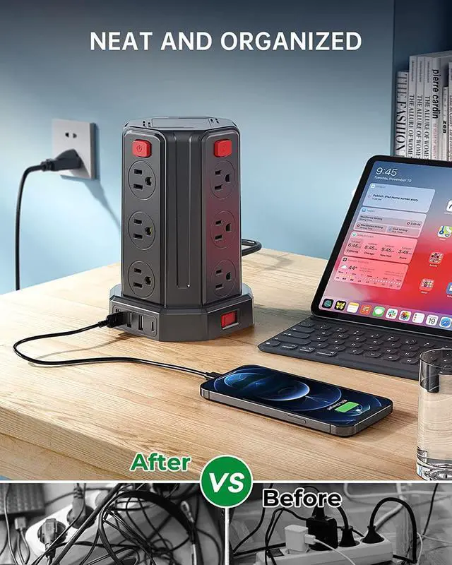 Alt view image 3 of 7 - Power Strip Surge Protector, 10 Ft Extension Cord with 12 AC Multiple Outlets 4 USB (1 USB C), SMALLRT Power Tower Desktop Charging Station