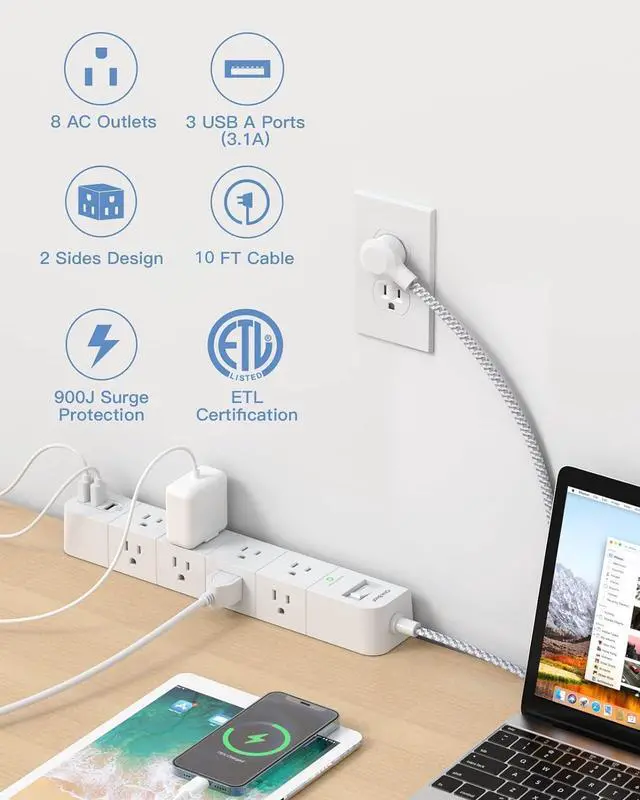 Alt view image 2 of 7 - One Beat 10 ft Extension Cord,Power Strip Surge Protector 8 Widely AC Outlets 3 USB,Flat Plug,Desktop Charging Station with Overload Protection,Wall Mount for Home,Office,Travel,Computer ETL Listed