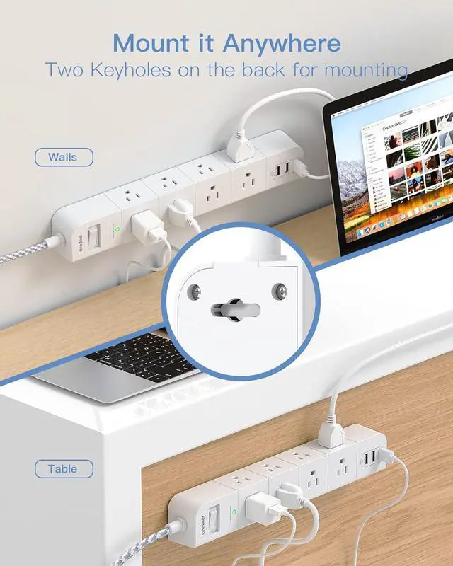 Alt view image 6 of 7 - One Beat 10 ft Extension Cord,Power Strip Surge Protector 8 Widely AC Outlets 3 USB,Flat Plug,Desktop Charging Station with Overload Protection,Wall Mount for Home,Office,Travel,Computer ETL Listed