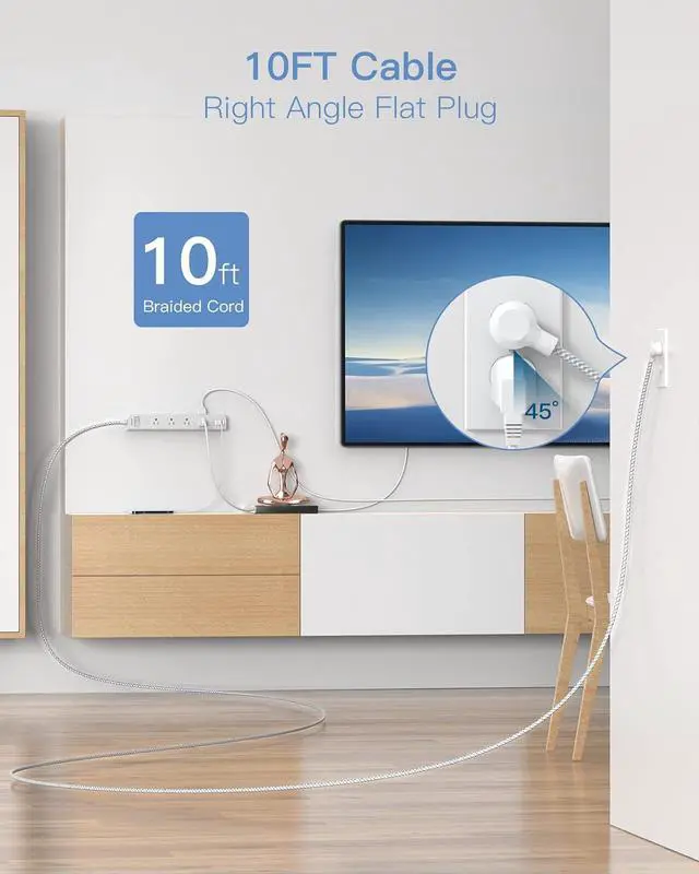 Alt view image 7 of 7 - One Beat 10 ft Extension Cord,Power Strip Surge Protector 8 Widely AC Outlets 3 USB,Flat Plug,Desktop Charging Station with Overload Protection,Wall Mount for Home,Office,Travel,Computer ETL Listed