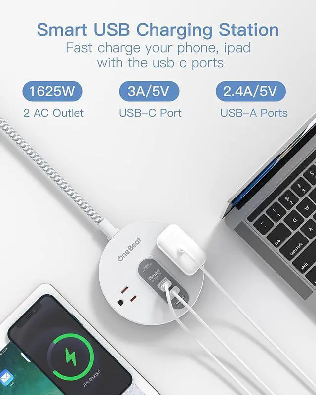 Alt view image 2 of 7 - Power Strip Surge Protector with USB C - Extension Cord Flat Plug with 2 Widely AC Outlet and 3 USB, Small Desktop Charging Station with 5 ft Power Cord, Compact for Travel, Home and Office (490J)
